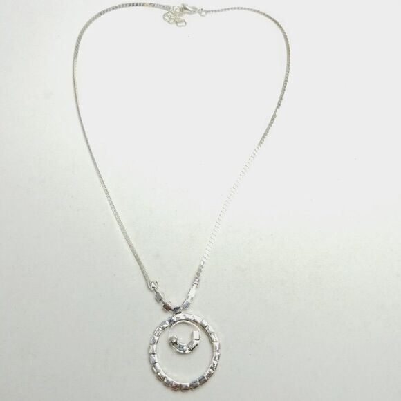 Vintage Circular Rhinestone Pendant Necklace, Silver Tone Chain, Sparkle - Picture 4 of 6